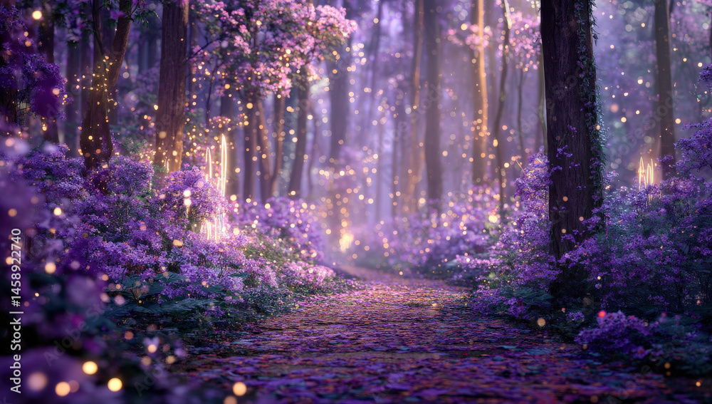 Fototapeta premium Enchanted purple forest path with glowing lights and magical ambiance, perfect for fantasy or fairytale themes.