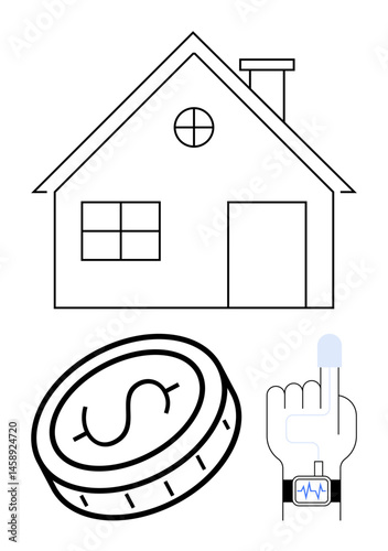 House structure indicating home, coin for finance, hand with wearable device for health monitoring. Ideal for smart living, wellness, home automation, technology, finance, healthcare simple landing