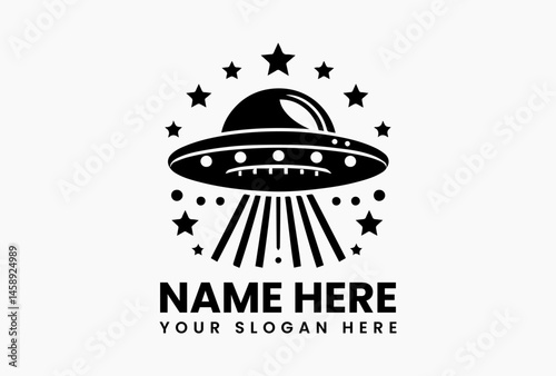 Minimalist line-art black UFO silhouette with domed top and horizontal lights beaming downward in elegant vector logo, symbolizing sleek extraterrestrial mystery and futuristic identity  