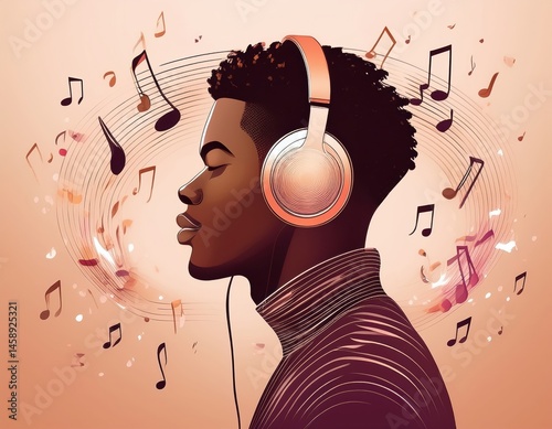 A young man enjoys music with headphones on as notes swirl around him, celebrating festivity.