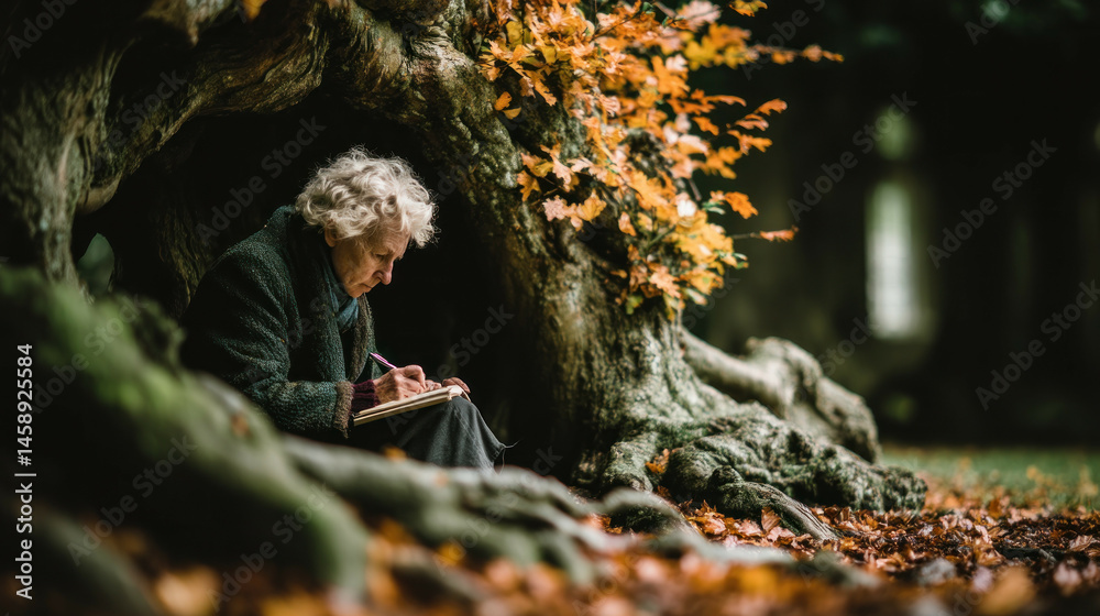 Fototapeta premium Senior person writing under a tree