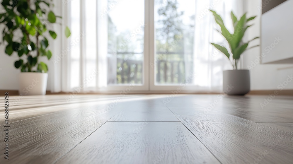 Sunlight streams through sheer curtains onto a light gray wood floor, illuminating the room's modern minimalist interior with potted plants subtly blurred in the background. : Generative AI Sunlight streams through sheer curtains onto a light gray wood floor, illuminating the room's modern minimalist interior with potted plants subtly blurred in the background. : Generative AI