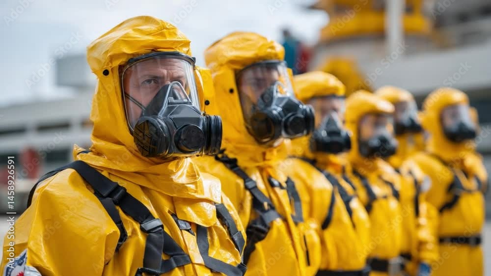 Hazmat Team in Formation: A line of hazmat suit clad workers stands ...
