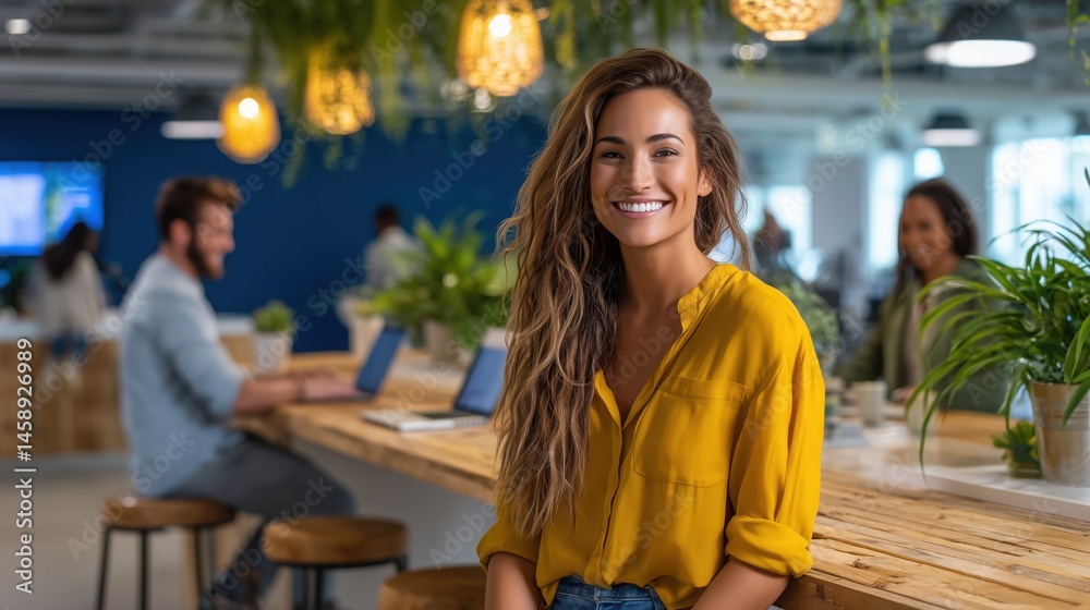 Fototapeta premium Modern office space, diverse coworkers, laptop collaboration, open kitchen area, yellow shirt, green blouse, smiling professionals, hanging pendant lights, 