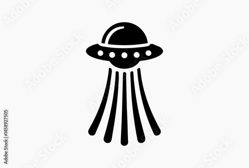 Vintage UFO silhouette with dome-shaped top and horizontal lights casting beams downward in black and white vector logo, symbolizing retro extraterrestrial mystery and science fiction aesthetics  