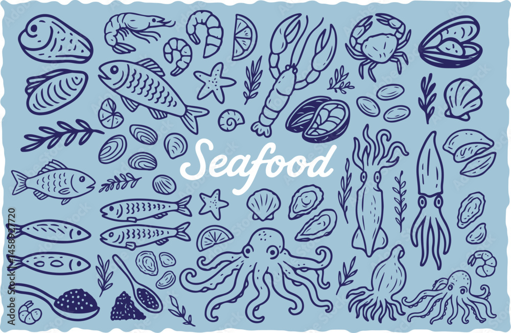 Fototapeta premium Hand Drawn Seafood Vector Set – Fish, Shellfish, Octopus, Squid, and Ocean Elements Collection