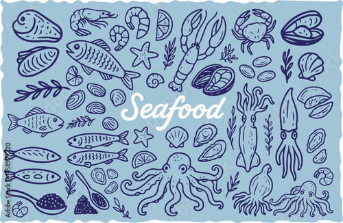 Hand Drawn Seafood Vector Set – Fish, Shellfish, Octopus, Squid, and Ocean Elements Collection