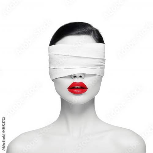A striking portrait of a woman with red lips and a blindfold made of white bandages, symbolizing themes of perception and introspection against a pure background.