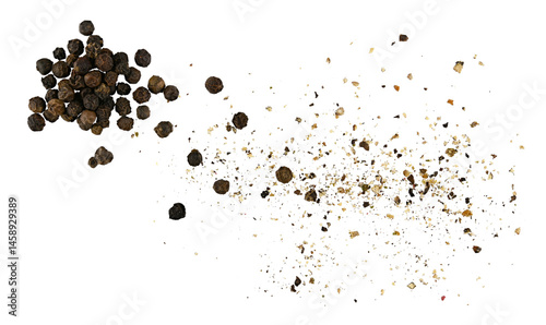 Fototapeta Naklejka Na Ścianę i Meble -  Pile of black pepper seeds and ground isolated on a transparent background. Completely in focus. Full depth of field. PNG.