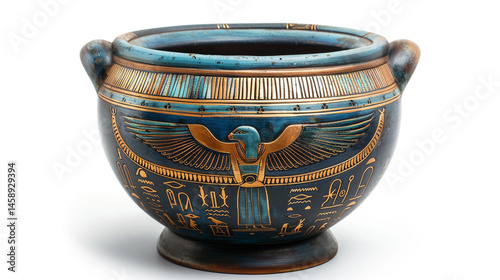A richly decorated Egyptian pot with blue and gold hieroglyphic patterns, isolated on a clean white backdrop.