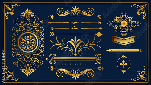 Luxury Gold vintage invitation vector set. Ornamental curls, dividers, Border design and golden components design for wedding invite, menus, certificates, boutiques, spa and logo 