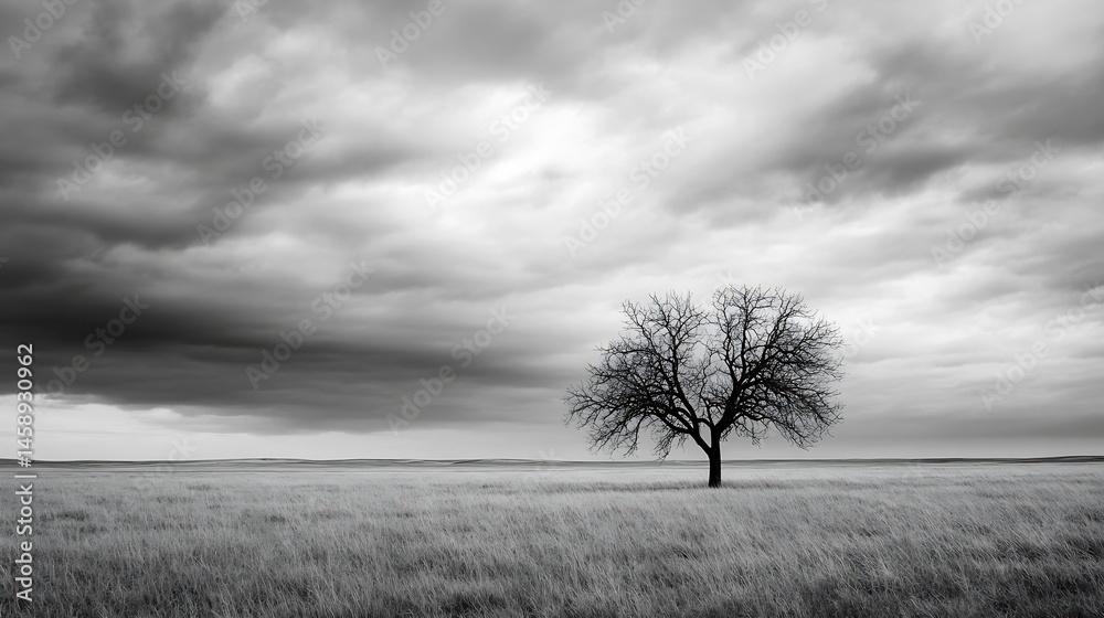 Fototapeta premium Solitary bare tree stands in a vast, monochrome field under a dramatic, stormy sky, conveying a sense of isolation and melancholic beauty. : Generative AI