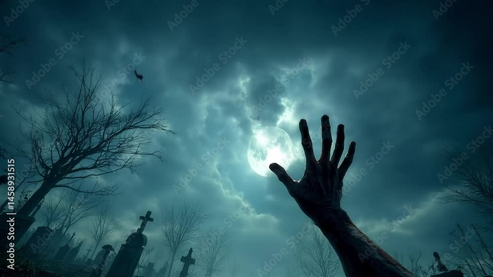 Creepy zombie hand emerging from the ground in a haunted graveyard at night, full moon, horror cinematic Halloween concept, eerie vibe Creepy zombie hand emerging from the ground in a haunted graveyard at night, full moon, horror cinematic Halloween concept, eerie vibe