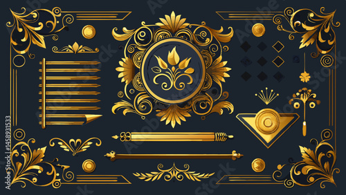 Luxury Gold vintage invitation vector set. Ornamental curls, dividers, Border design and golden components design for wedding invite, menus, certificates, boutiques, spa and logo 