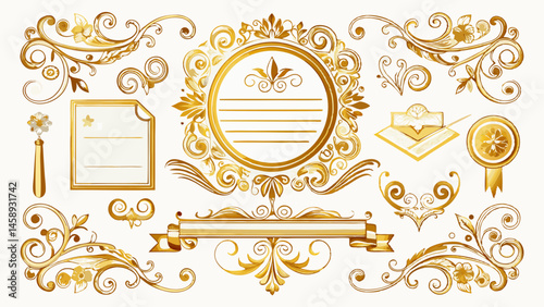 uxury Gold vintage invitation vector set. Ornamental curls, dividers, Border design and golden components design for wedding invite, menus, certificates, boutiques, spa and logo white background
