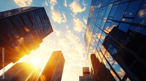 Modern skyscrapers reflecting sunset clouds, a low-angle view showcasing architectural details and golden hour light illuminating glass facades. : Generative AI