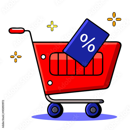 Shopping cart with a discount tag and colorful design, symbolizing retail and savings
