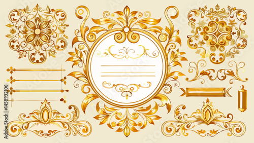 uxury Gold vintage invitation vector set. Ornamental curls, dividers, Border design and golden components design for wedding invite, menus, certificates, boutiques, spa and logo white background