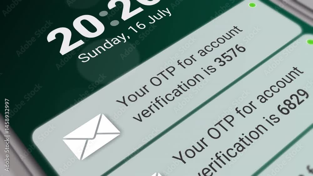 OTP notification. Push notification with one-time password.  New arrived otp pop-up notification and scrolling step by step.