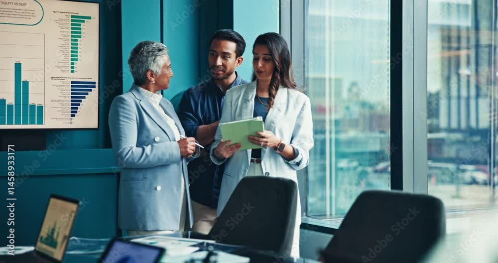 Business people, meeting or tablet with analytics in conference for corporate performance or review. Group, employees or colleagues with technology, graph or statistics for company analysis or report