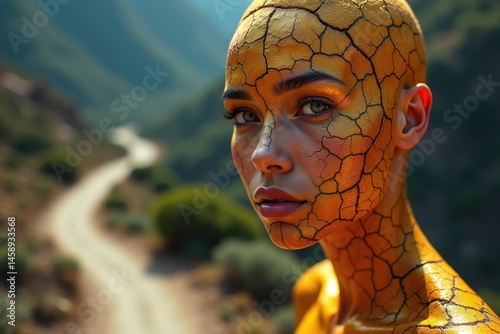 Yellow Man Descends. Man in bright yellow attire symbolically descends, implying descent into chaos or emotional turmoil.