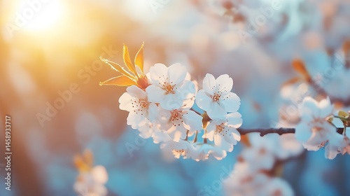 Close-up of delicate white cherry blossoms on a branch, bathed in warm sunset light, creating a serene and peaceful spring scene. : Generative AI