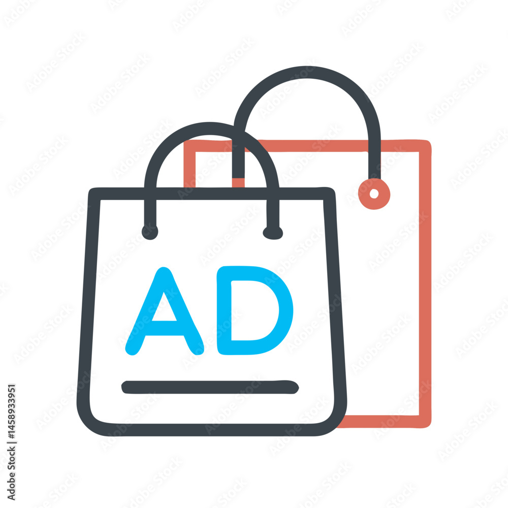 Shopping Bag with Ad Icon Representing Product Promotion and Retail Marketing Shopping Bag with Ad Icon Representing Product Promotion and Retail Marketing