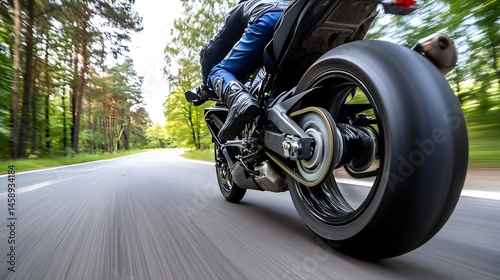Fast motorcycle ride through lush green forest, dynamic motion blur, asphalt road, biker in blue riding gear, powerful engine, rear wheel close-up. : Generative AI