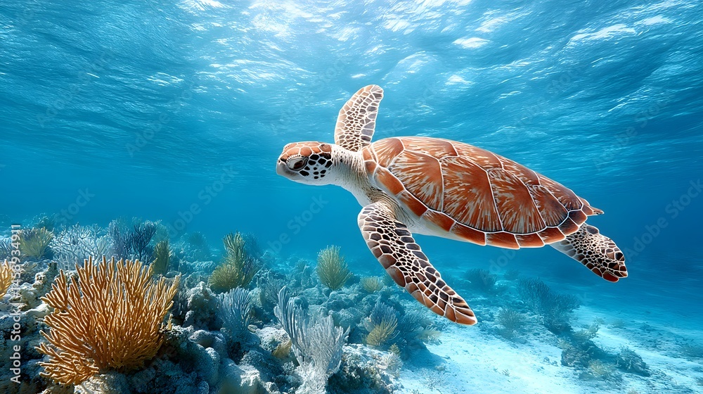 Obraz premium Vibrant reef sea turtle gliding through coral underwater photography