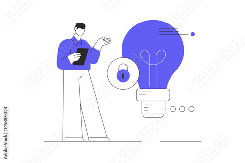 Businessman stand beside locked bright lightbulb symbolizing intellectual property protection. Flat Cartoon Vector Illustration, icon. Stylish abstract design landing page