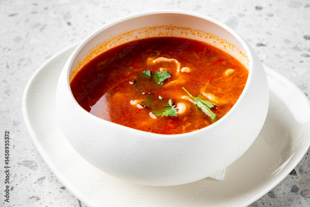 A bowl of spicy tomato soup garnished with fresh cilantro leaves, served on a white plate. The vibrant red color and herbs make the dish visually appealing and appetizing.