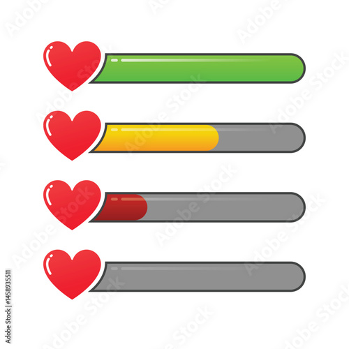 Heart Health Bar Level Indicators. heart shape health bars commonly used in games to represent player health or life status