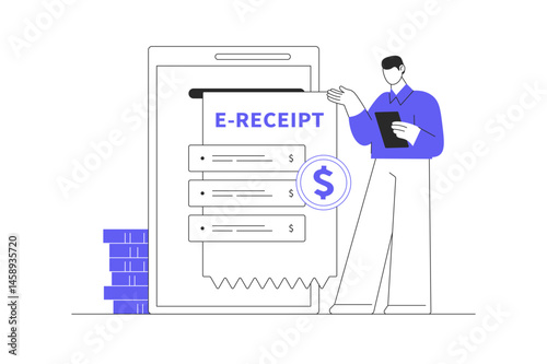 E-Receipt. Electronic Invoice concept, digital bill for online transactions system. Flat Cartoon Vector Illustration, icon. Stylish abstract design landing page