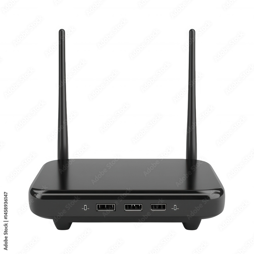Black wireless router with antenna, modern design, suitable for home or office use, isolated on a white background. Black wireless router with antenna, modern design, suitable for home or office use, isolated on a white background.