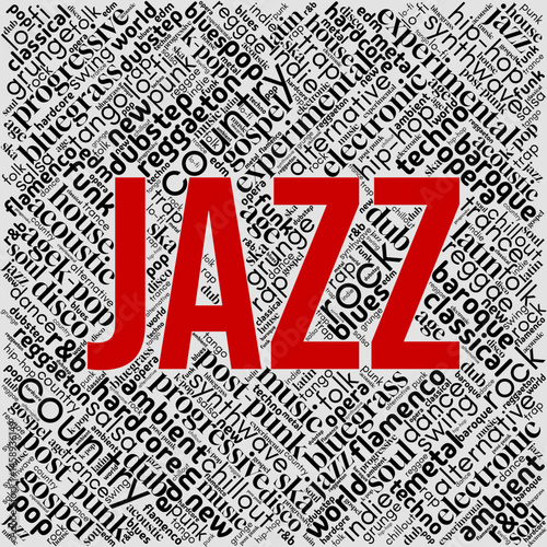 Word cloud centered on "Jazz", filled with terms about music, instruments, improvisation, and rhythm. Ideal for musical events, jazz culture, and creative performance visuals