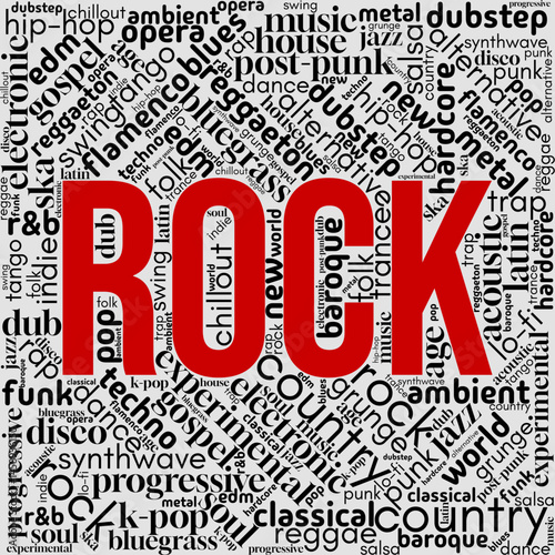 Word cloud centered on "Rock", filled with terms about rock music, bands, and instruments. Ideal for music events, rock culture, and artistic performance visuals