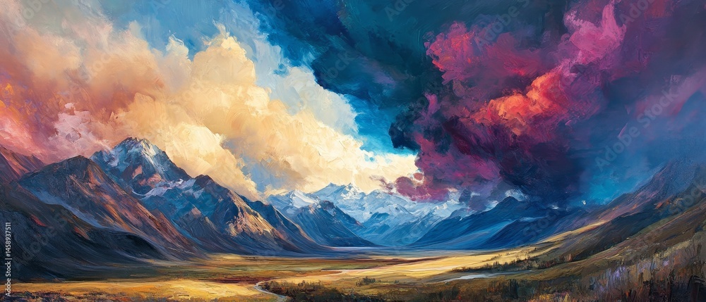 A painting of a mountain range with a stormy sky and a large, colorful cloud