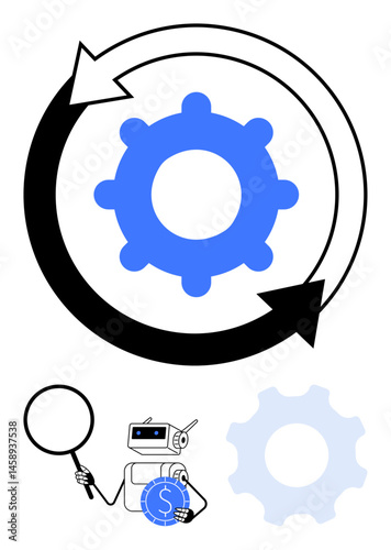 Gear with circular arrows emphasizes process flow and efficiency. Robot holding magnifying glass and dollar conveys insight, precision, cost management. Ideal for innovation, business growth