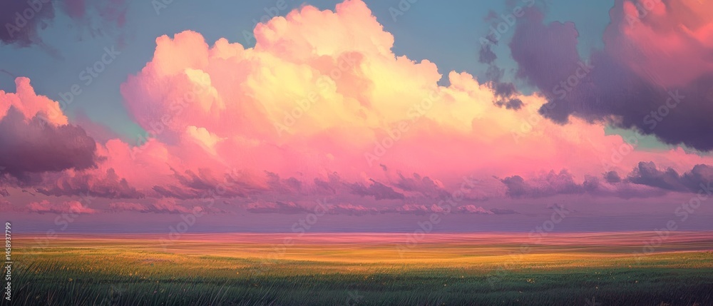 A painting of a cloudy sky with a pinkish hue