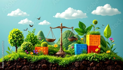 a conceptual esg compliance scorecard built from eco blocks, balance scale, and symbolic nature elements