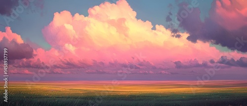 A painting of a cloudy sky with a pinkish hue