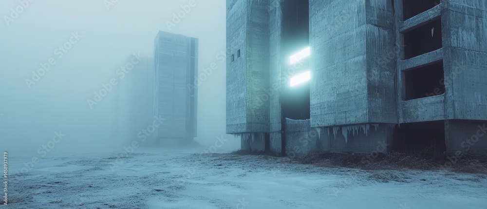 A foggy cityscape with a building in the foreground that has a neon light on it