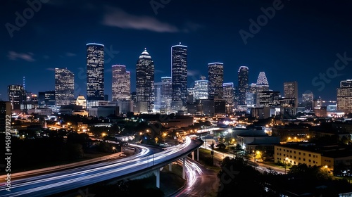 Wallpaper Mural Night view of Houston's skyline, showcasing illuminated skyscrapers and a highway with light trails, creating a vibrant urban scene. : Generative AI Torontodigital.ca