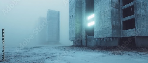 Obraz na płótnie A foggy cityscape with a building in the foreground that has a neon light on it w salonie