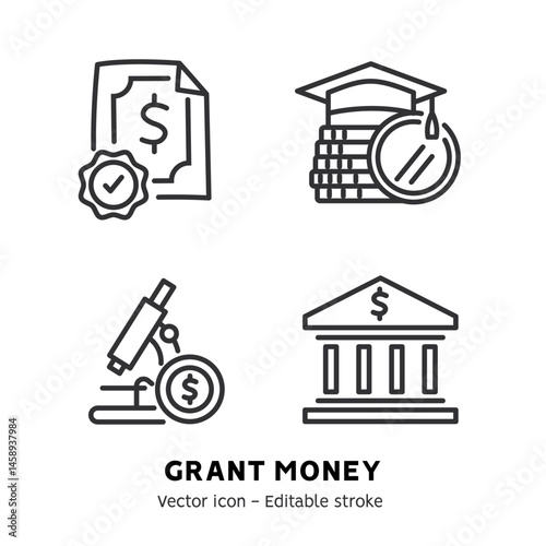 Taking grant or scholarship money icons set. Student pay education loan. Collection of grant certificate, university and college fee, study fund, scholarship money flat outline icons. Editable stroke