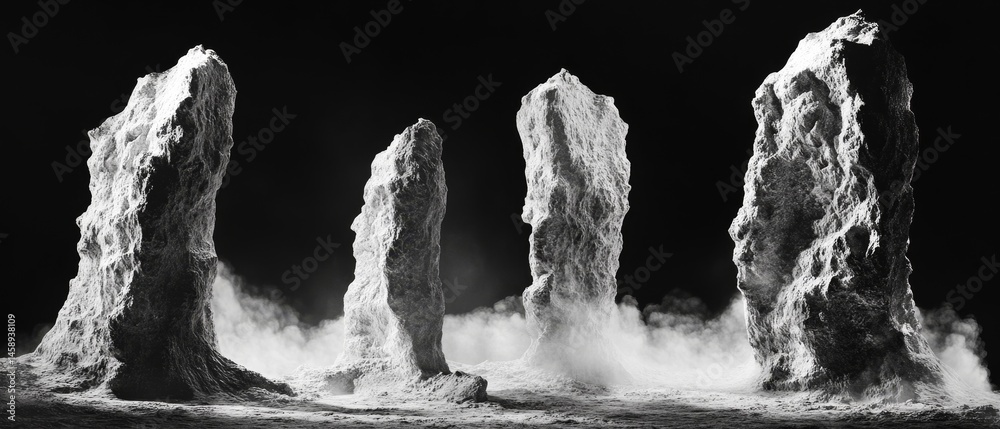 Four large rocks are shown in a black and white photo