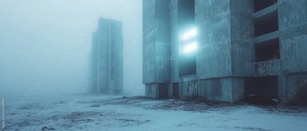 A foggy cityscape with a large building in the background