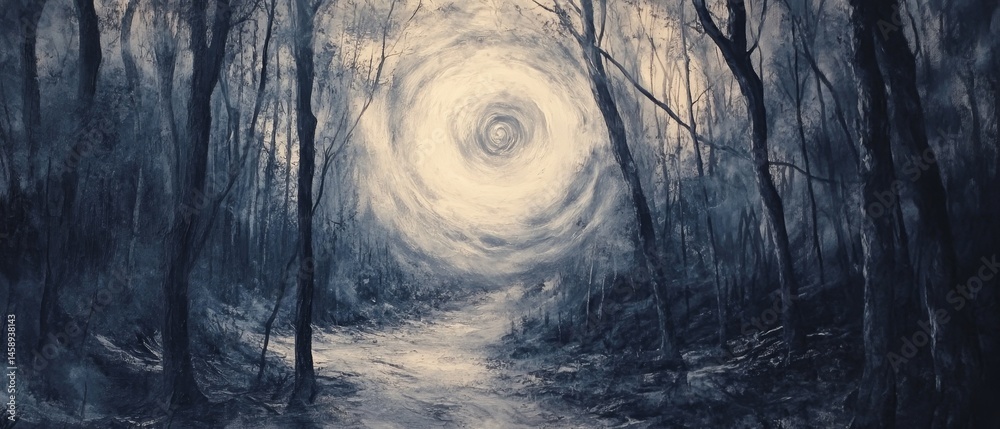 A painting of a forest with a large white circle in the middle