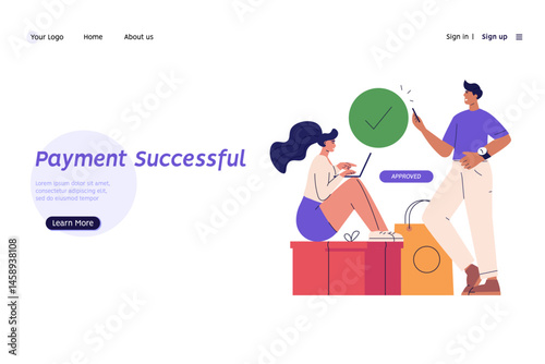 Payment Successful. Beautiful couple paying successfully and safely. Online mobile payment and banking service. Concept of payment approved, payment done. Vector illustration for web banner mobile app