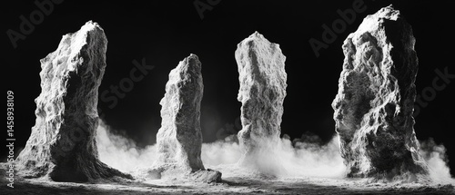 Four large rocks are shown in a black and white photo